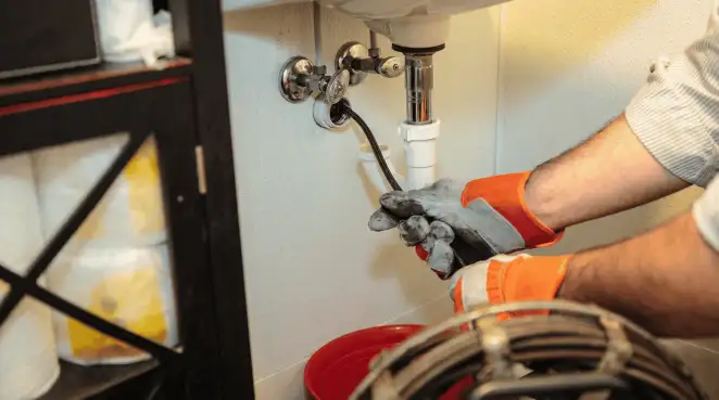 Drain cleaning technician using a motorized plumbing snake to clear a clogged sink pipe in Mobile, AL